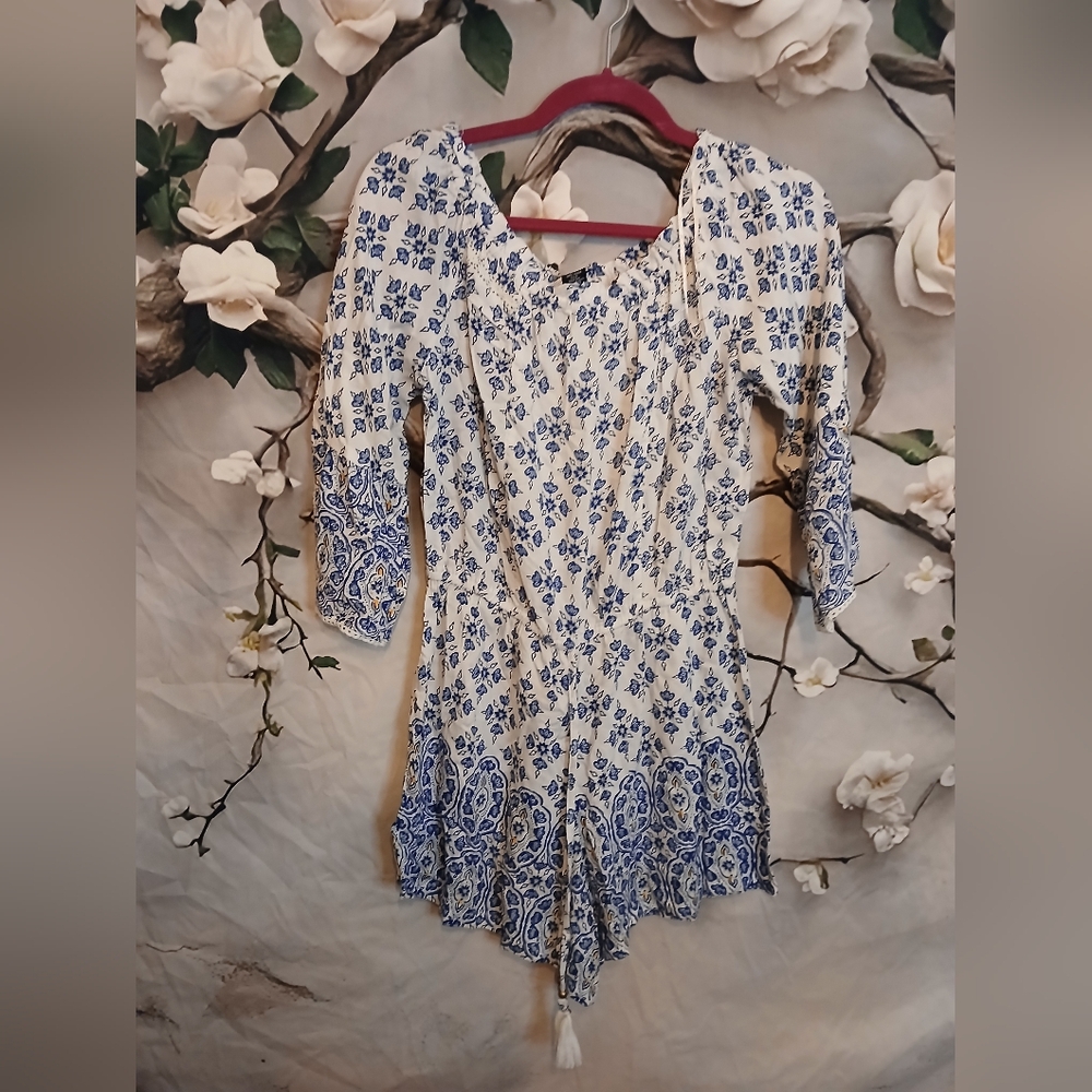 Angie White and Blue Printed Romper